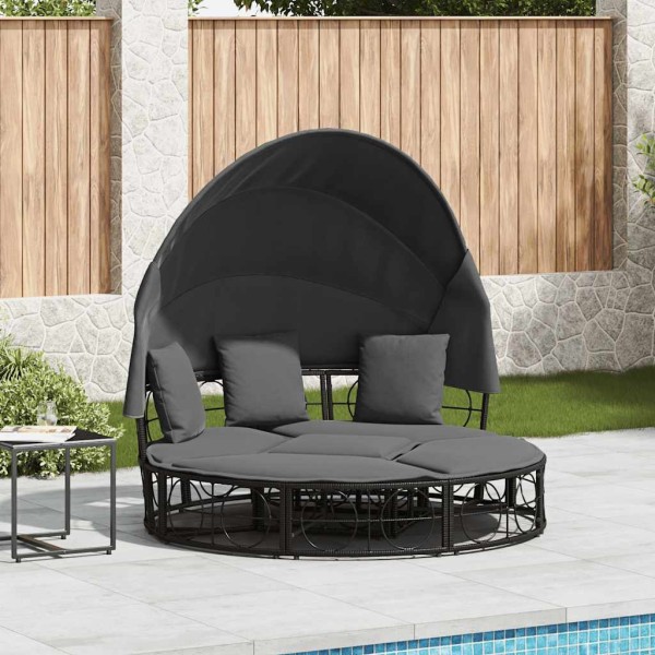 Outdoor lounger with canopy/pillows, black, PE rattan
