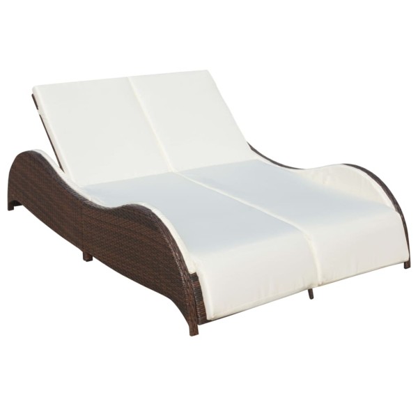 Double sun lounger with cushion, polyrattan, brown