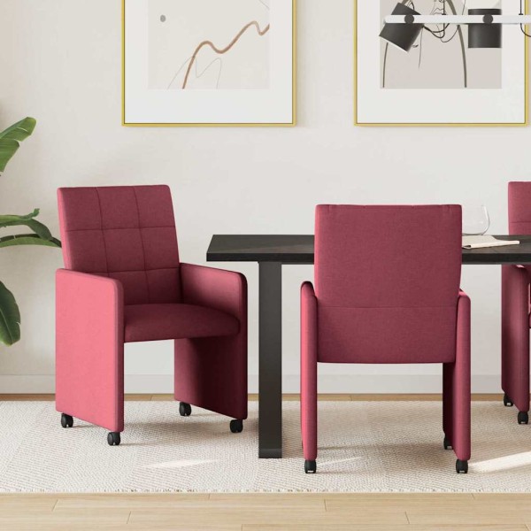 Dining Chairs with Wheels 2 pcs Wine red fabric