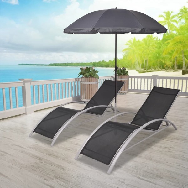 Sun lounger with umbrella, aluminum, black