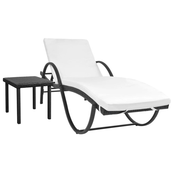 Sun lounger with mattress and table, polyrattan, black