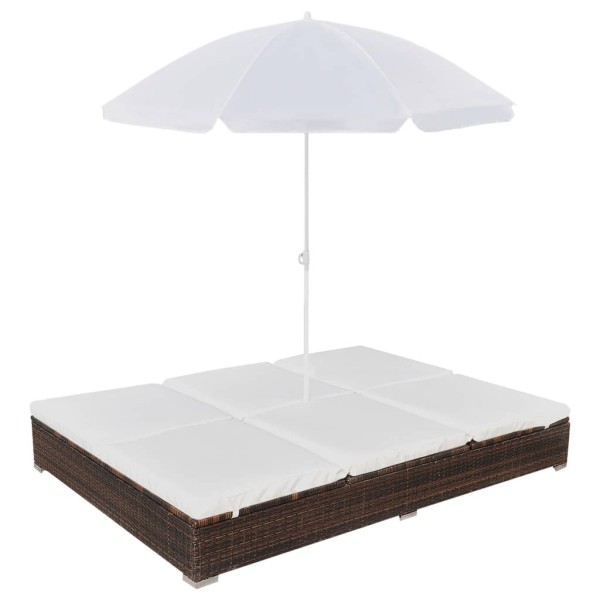 Sun lounger with umbrella, polyrattan, brown
