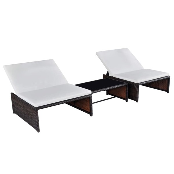 Reclining garden chairs with table, 2 pcs., brown, polyrattan