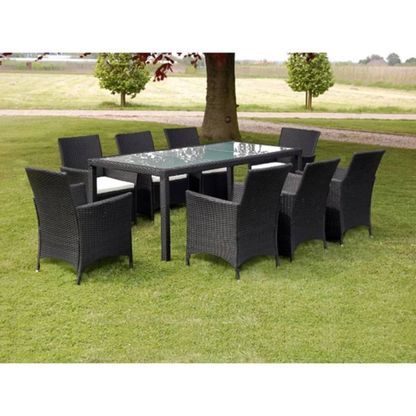Outdoor dining furniture set. with pillow, 9d., black, polyrat.