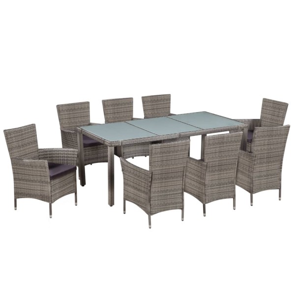 Outdoor dining furniture set. with pillow, 9d., gray, polyrat.