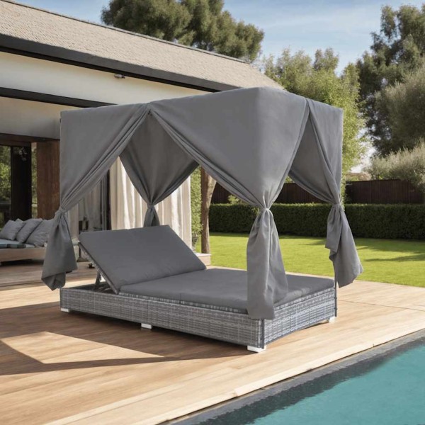 Outdoor lounger with curtains, gray, polyrattan