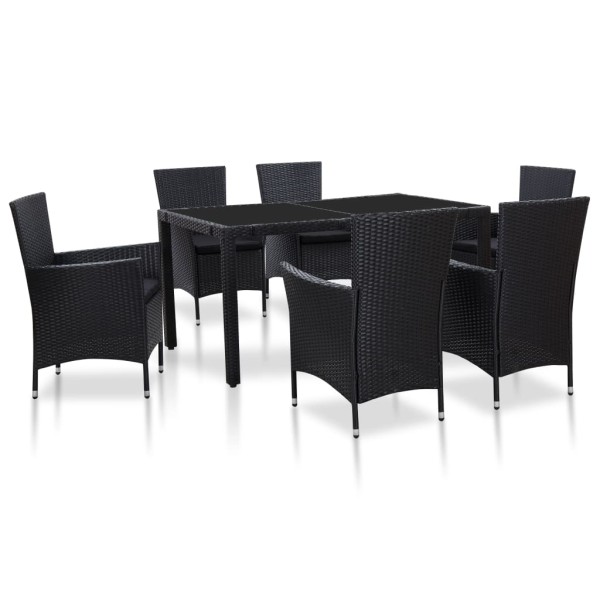 Outdoor dining furniture set, 7 pieces, black, polyrattan