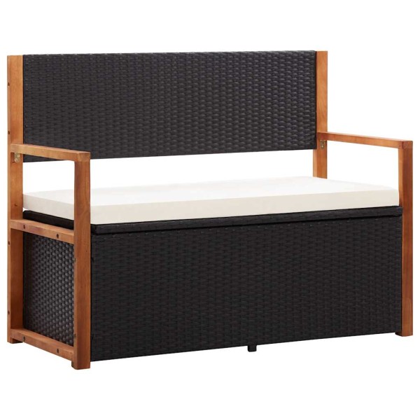 Bench-storage box, black, 115cm, polyrattan and acacia