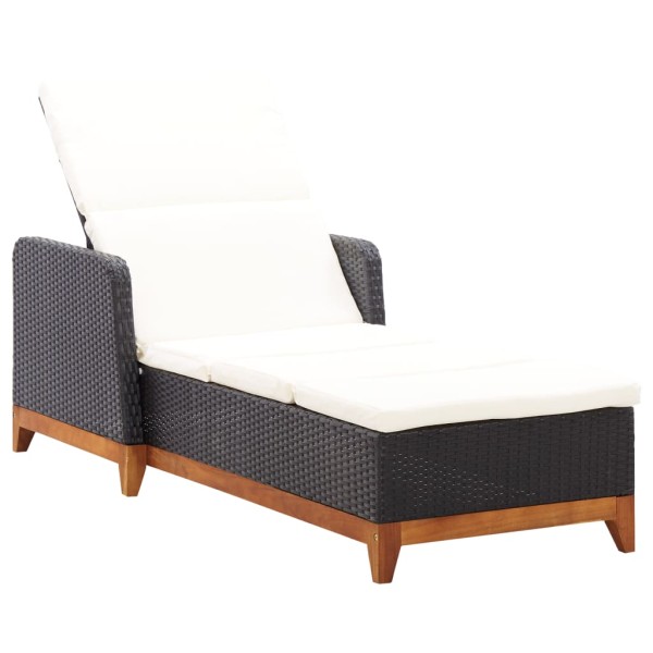 Sun lounger, black, polyrattan and solid acacia