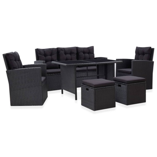 Lounge set with pillows, 6 pieces, black, polyrattan