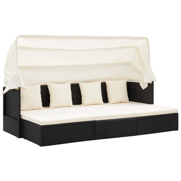 Garden lounger with canopy, black, rattan