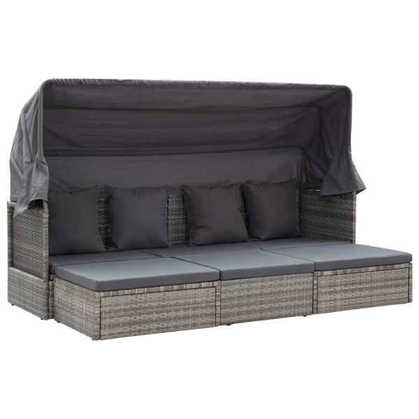 Garden lounger with canopy, gray, rattan