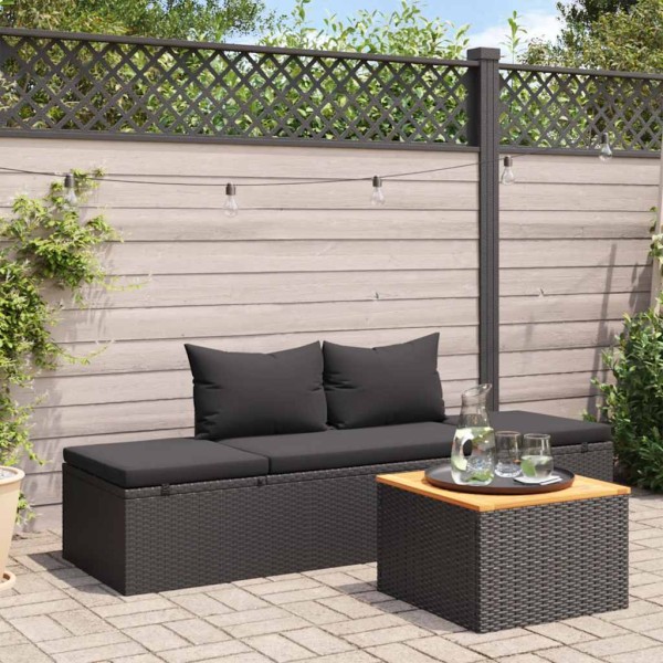 Sun lounger with cushions, black, polyrattan