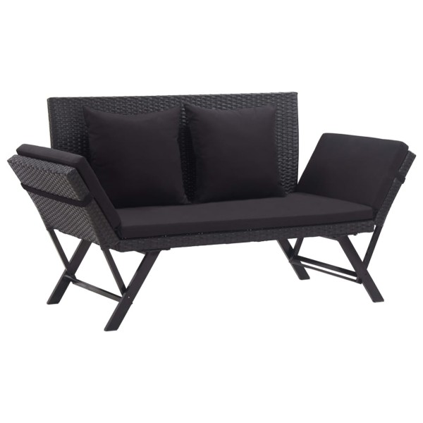 Garden bench with cushions, black, 176cm, polyrattan