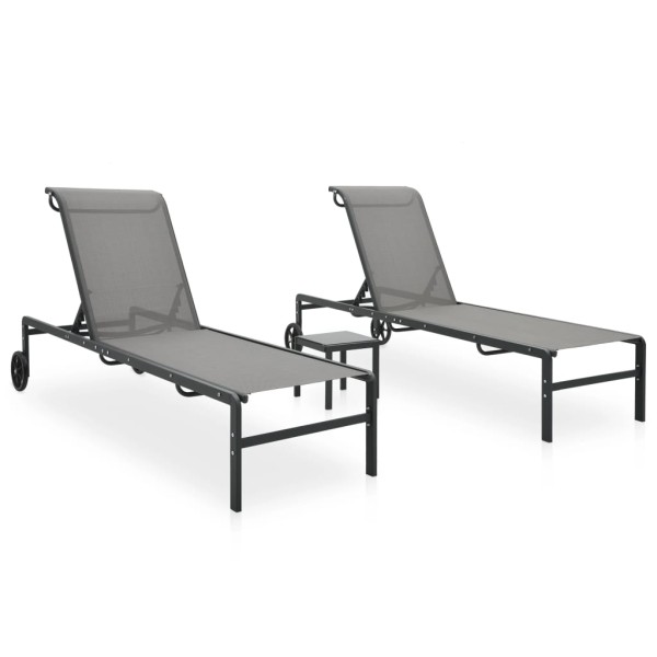 Sunbeds with table, 2 pcs., textile and steel