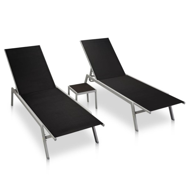 Sunbeds with table, 2 pcs., black, steel and textile