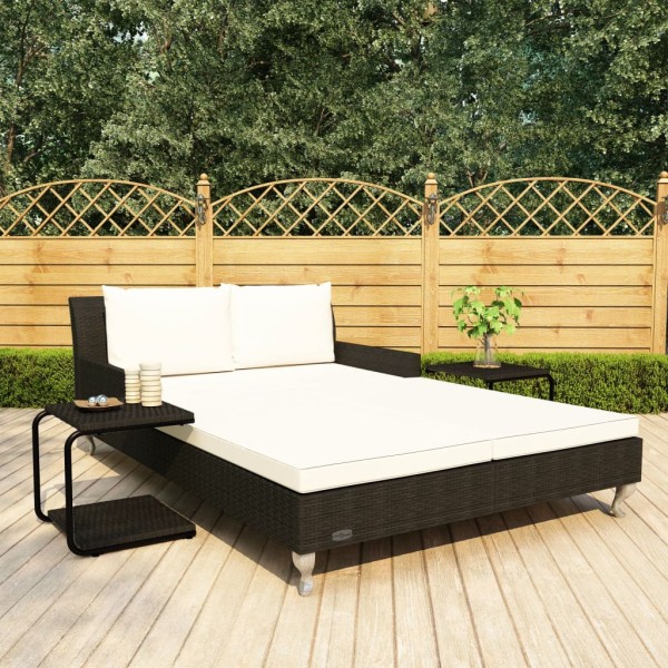 Double sun lounger with cushions, black, polyrattan