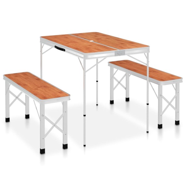 Folding table with 2 benches, brown, aluminum