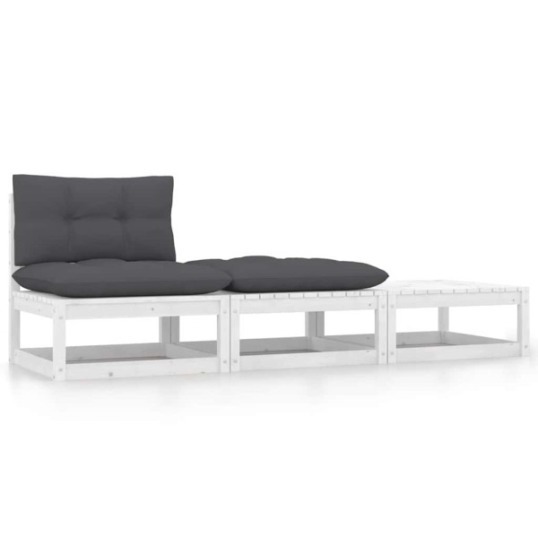 Garden set with cushions, 3 parts, white, pine