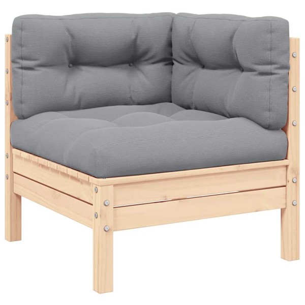 Corner garden sofa with gray cushions, solid pine