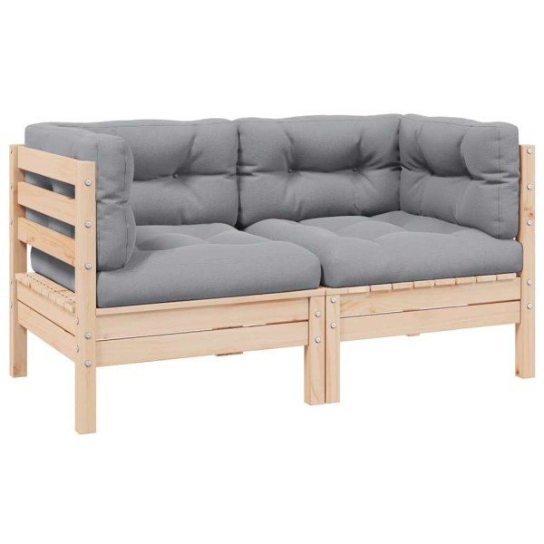 Double garden sofa with gray cushions, solid pine