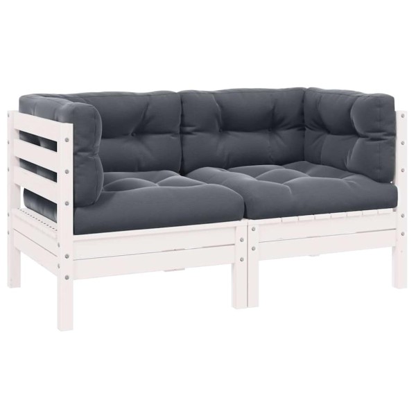 Two-seater garden sofa with cushions, white, solid pine