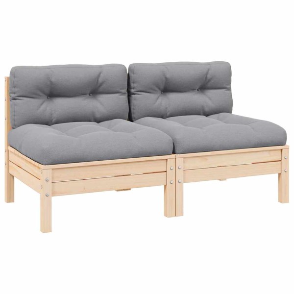 Double garden sofa with gray cushions, solid pine