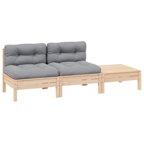 Garden set with gray pillows, 3 parts, solid pine