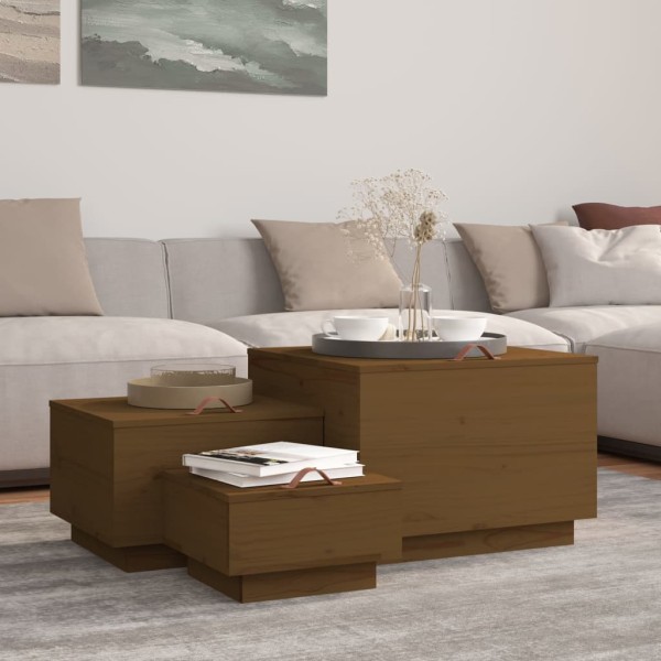 Storage boxes with lids, 3 units, honey brown, solid pine