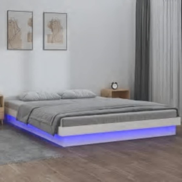 Bed frame with LED, white, 160x200cm, solid wood