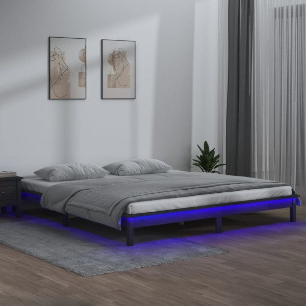 Bed frame with LED, gray color, 140x190cm, solid wood