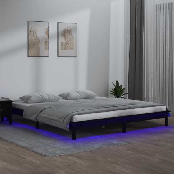 Bed frame with LED, black, 140x190cm, solid wood