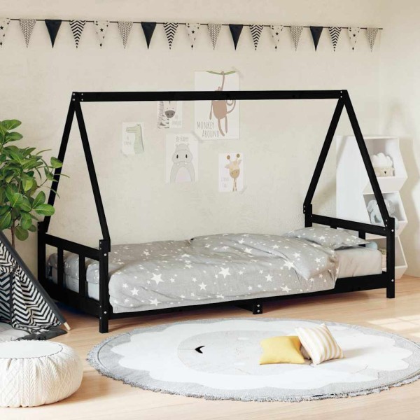 Children's bed frame, black, 90x200cm, solid pine