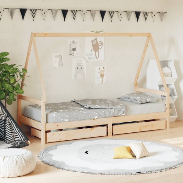 Children's bed frame with drawers, 80x200cm, solid pine