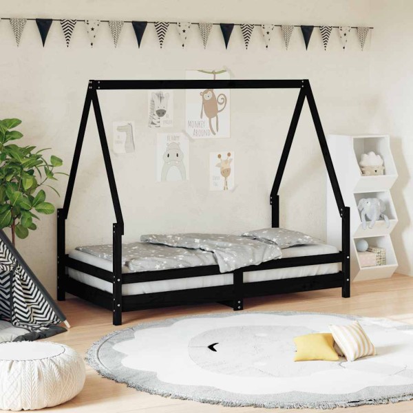 Children's bed frame, black, 80x160cm, solid pine