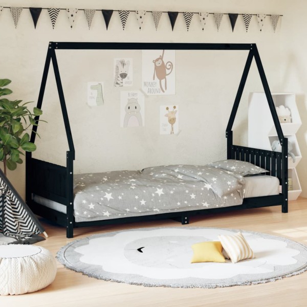 Children's bed frame, black, 80x200cm, solid pine
