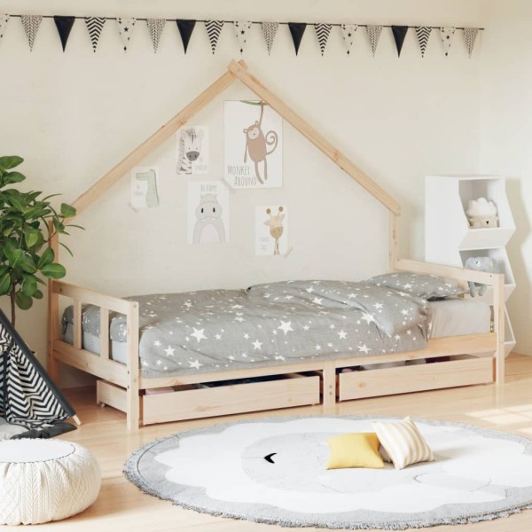 Children's bed frame with drawers, 90x200cm, solid pine