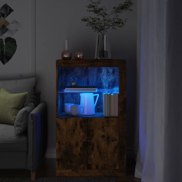 Side cabinet with LED lights, smoky oak, wood