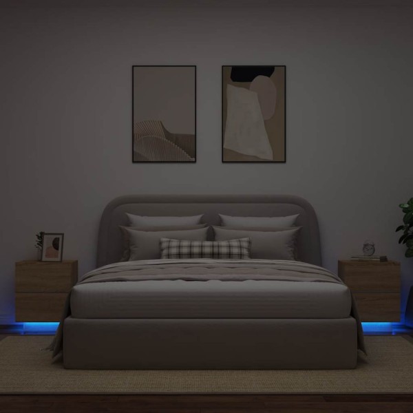 Bedside cabinets with LED lights, 2 pcs., oak, wood