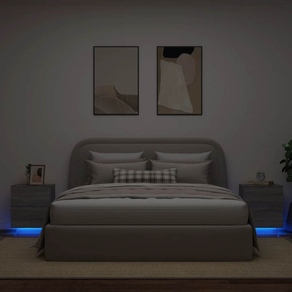 Bedside cabinets with LED lights, 2 pcs., gray, wood