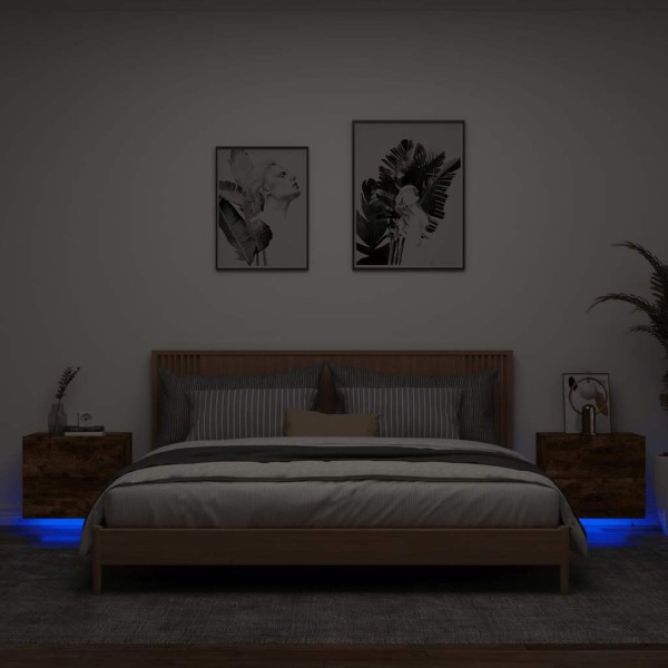Wall-mounted bedside cabinets with LED, 2 pcs., smoky oak