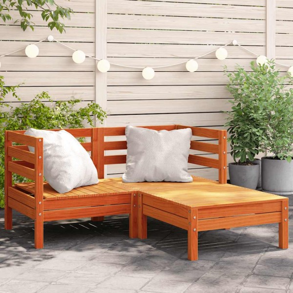 Two-seater garden sofa with footstool, wax brown, solid pine