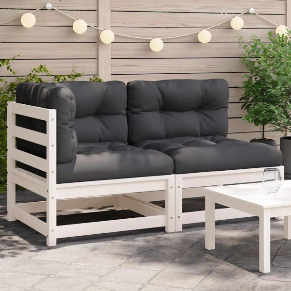 Two-seater garden sofa with cushions, white, solid pine