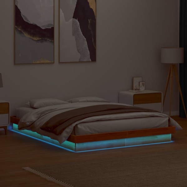 LED bed frame, wax brown, 160x200cm, solid pine