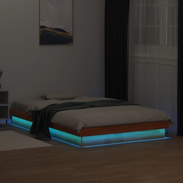 LED bed frame, wax brown, 140x190cm, solid pine