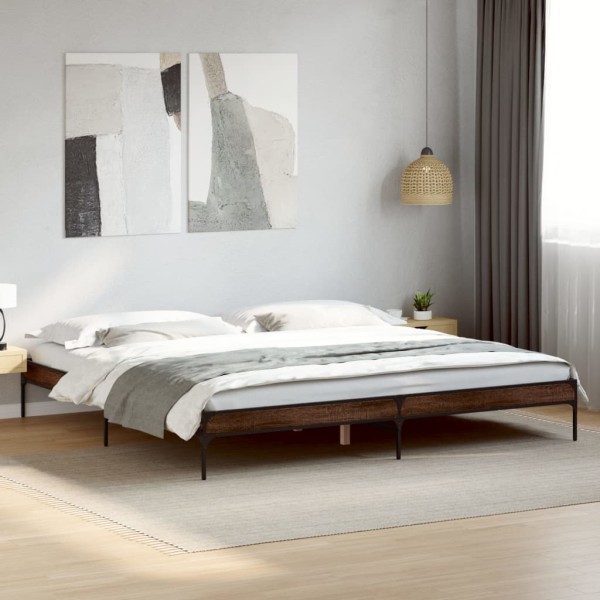 Bed frame, brown oak, 200x200cm, processed wood/metal