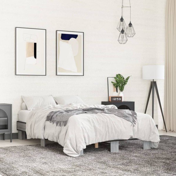 Bed frame, gray oak, 140x200cm, processed wood/metal
