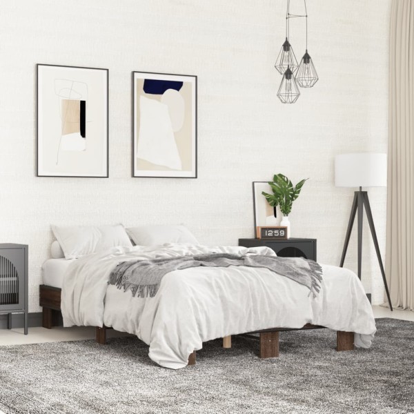 Bed frame, brown oak, 135x190cm, processed wood/metal