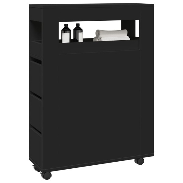 Bathroom cabinet with wheels, black, processed wood