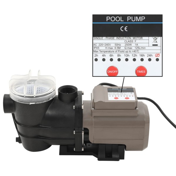 Pool pump with timer, black, 0.25HP, 8000l/h.